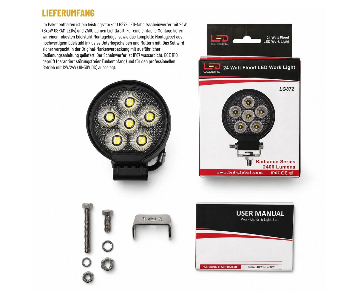 24 Watt LED Flood Beam Round Work Light - LG872